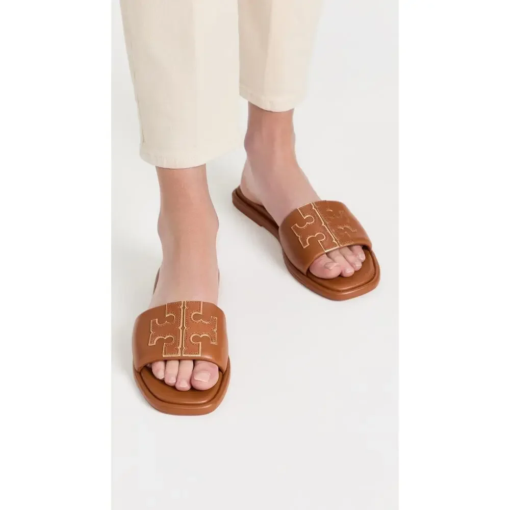 TORY BURCH WOMEN'S DOUBLE T SPORT SLIDES, BOURBON MIELE/GOLD, 9.5 MEDIUM US